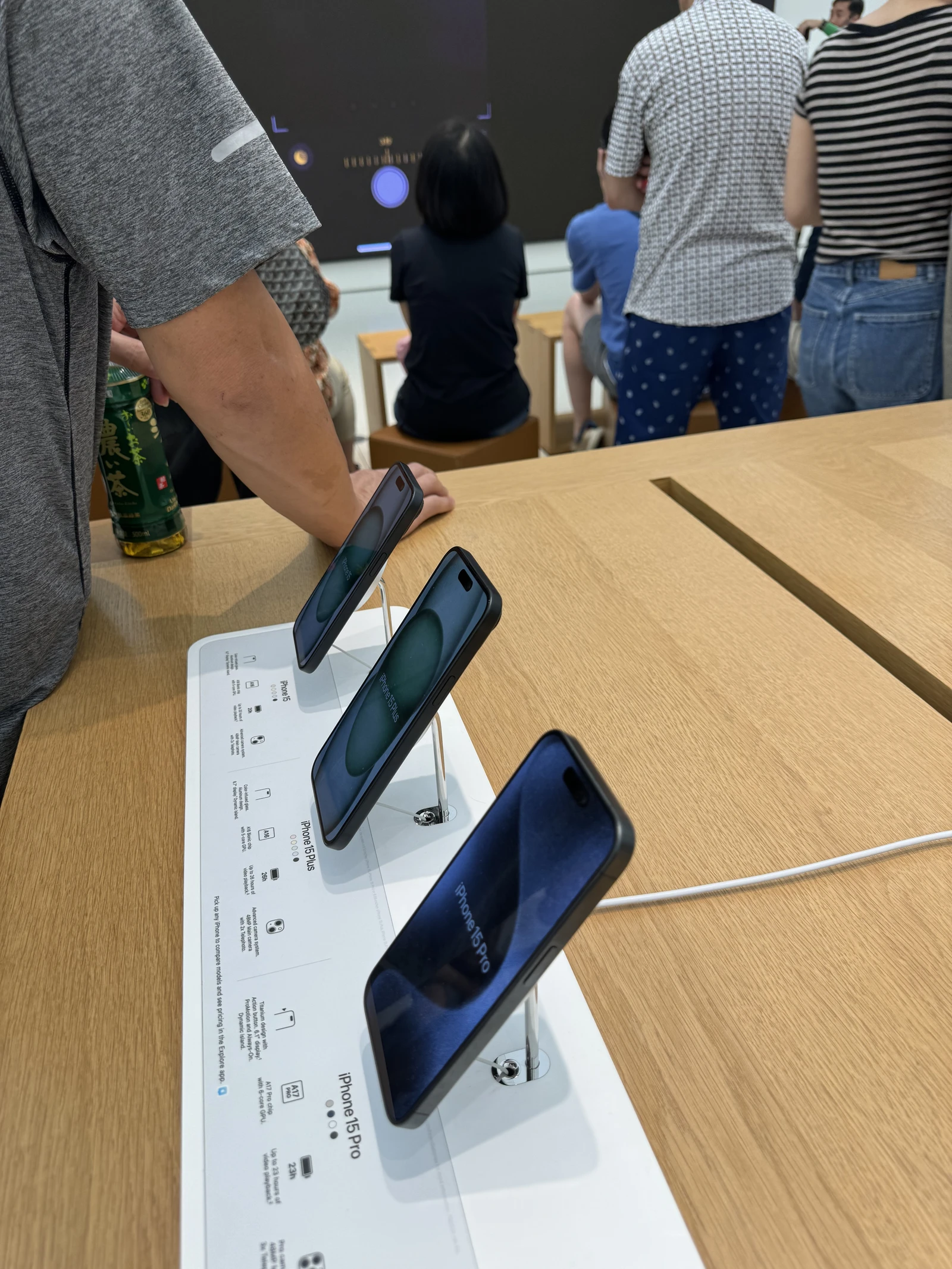 Apple iPhone 15 Pro models on display in an Apple Store in Kwun Tong, Hong Kong.