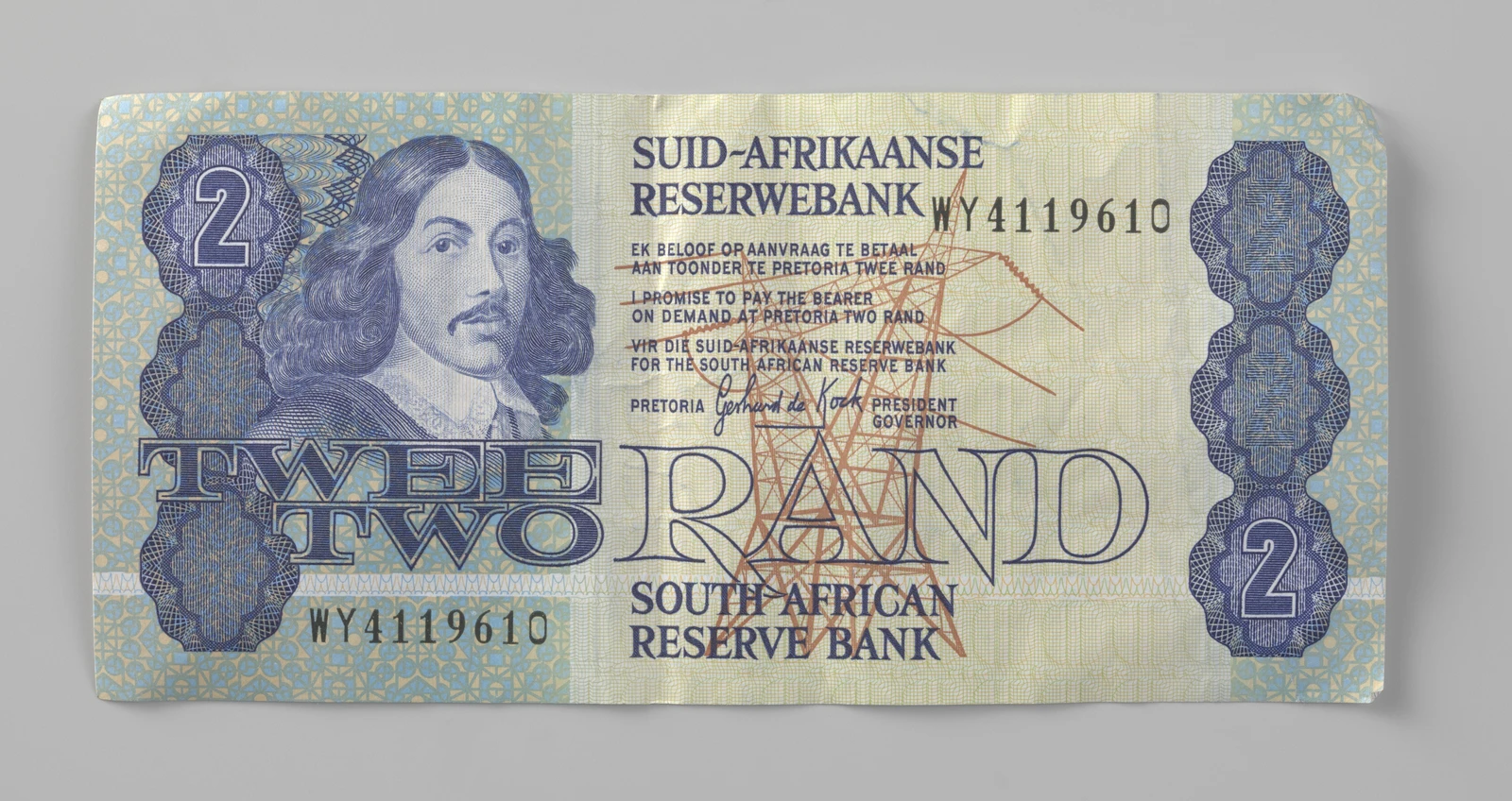 South African two rand banknote showing a portrait and text.