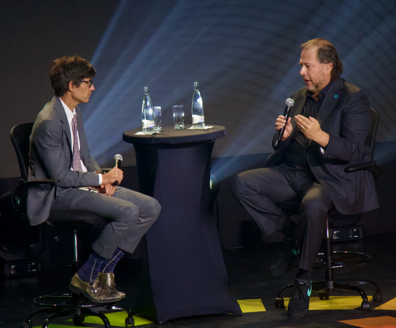 Marc Benioff, CEO of Salesforce, speaking to Nicholas Thompson on stage.