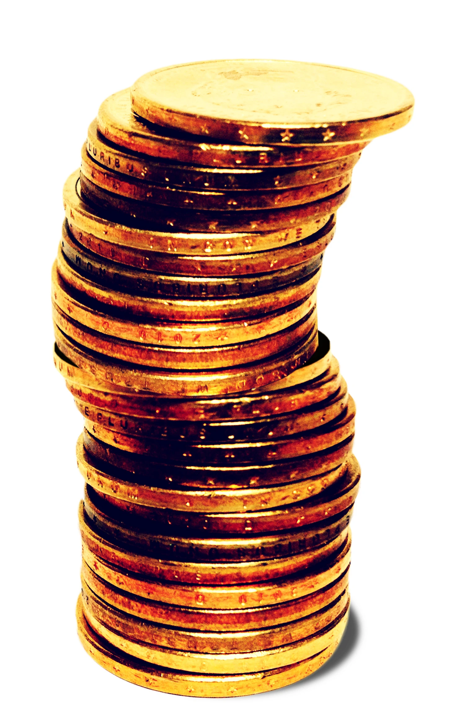 Stack of gold coins on a white background, some with visible text 'PLURIBUS' and stars.