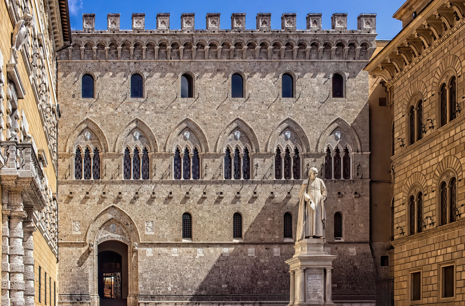 Exterior view of Palazzo Salimbeni, the headquarters of Monte dei Paschi di Siena bank.