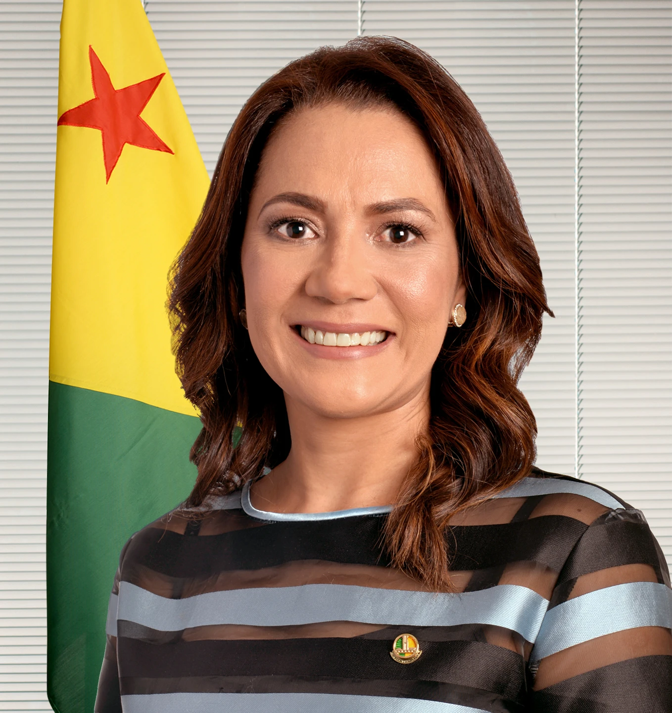 Senator Mailza Gomes smiling, with the flag of Acre in the background.