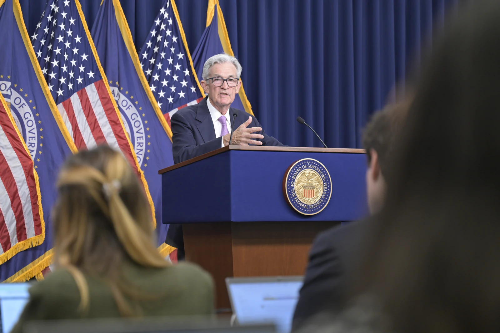 Jerome Powell, Chairman of the Federal Reserve, speaking at a press conference.