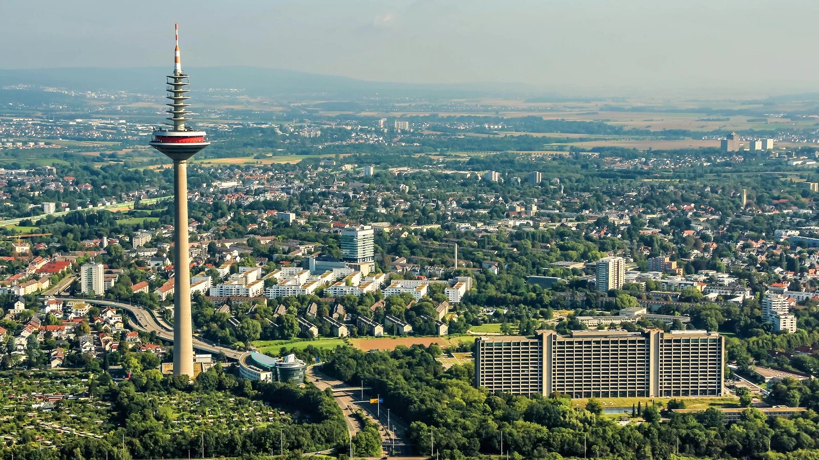 Aerial view of Frankfurt am Main with the Europaturm and the German Federal Bank building.