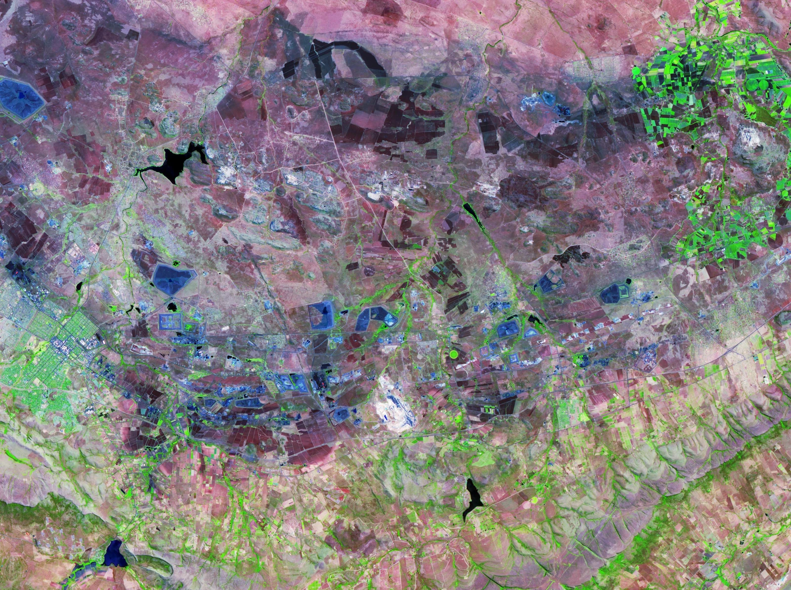 Satellite image showing the varied geological formations of the Bushveld Igneous Complex, South Africa.