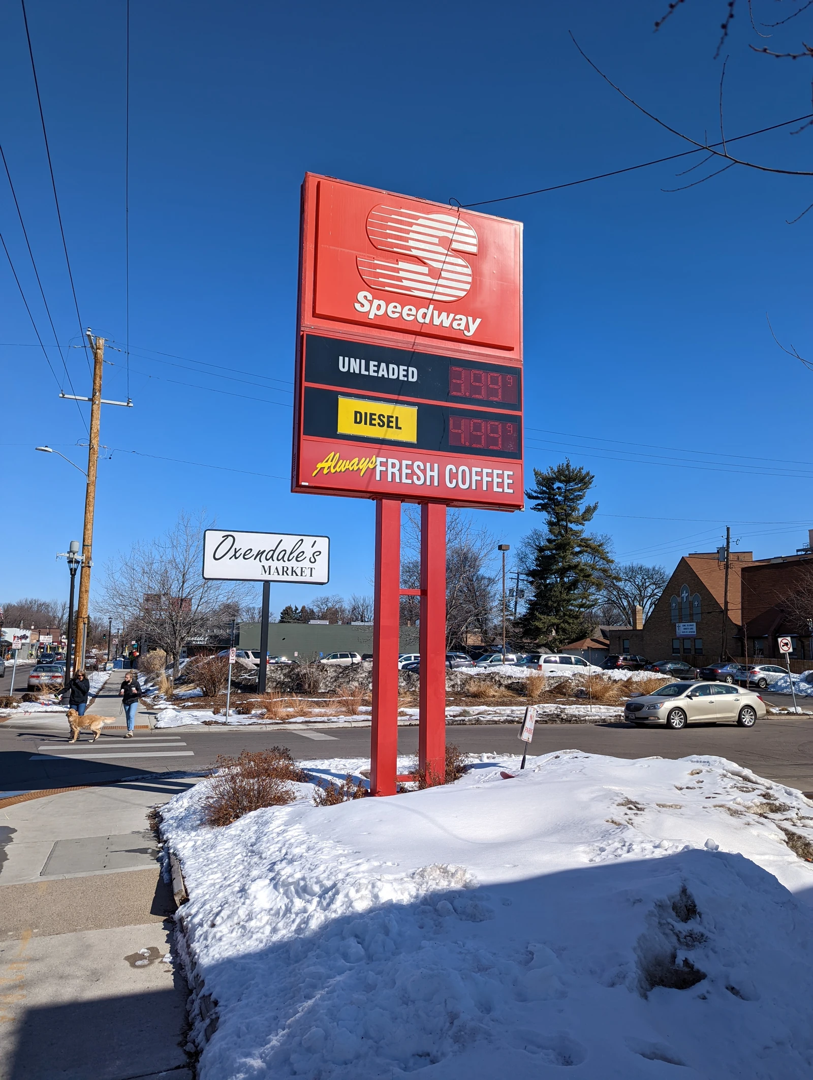 Speedway gas price sign showing unleaded gasoline at $3.99 and diesel at $4.99.