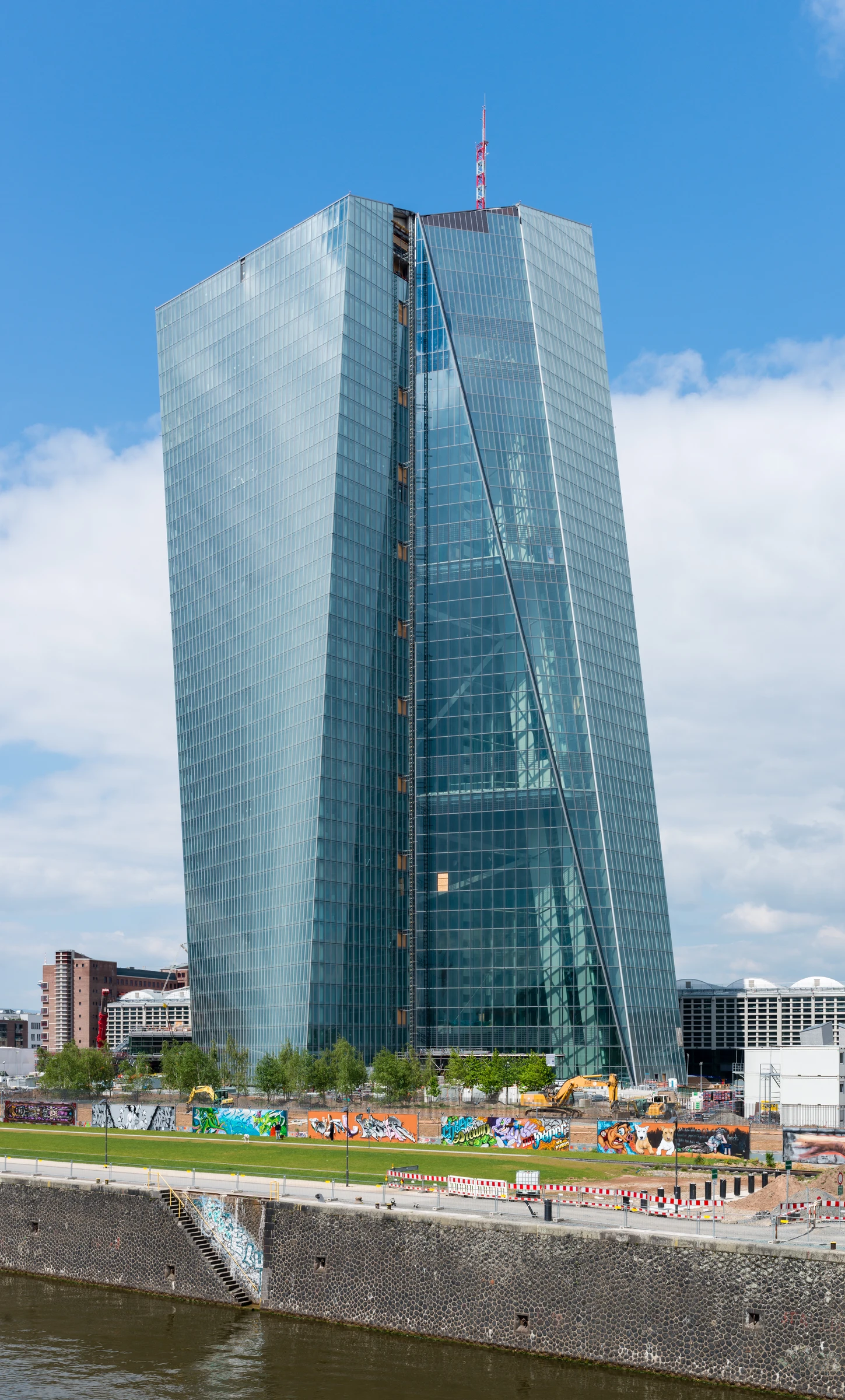 Exterior view of the glass European Central Bank building in Frankfurt, Germany.