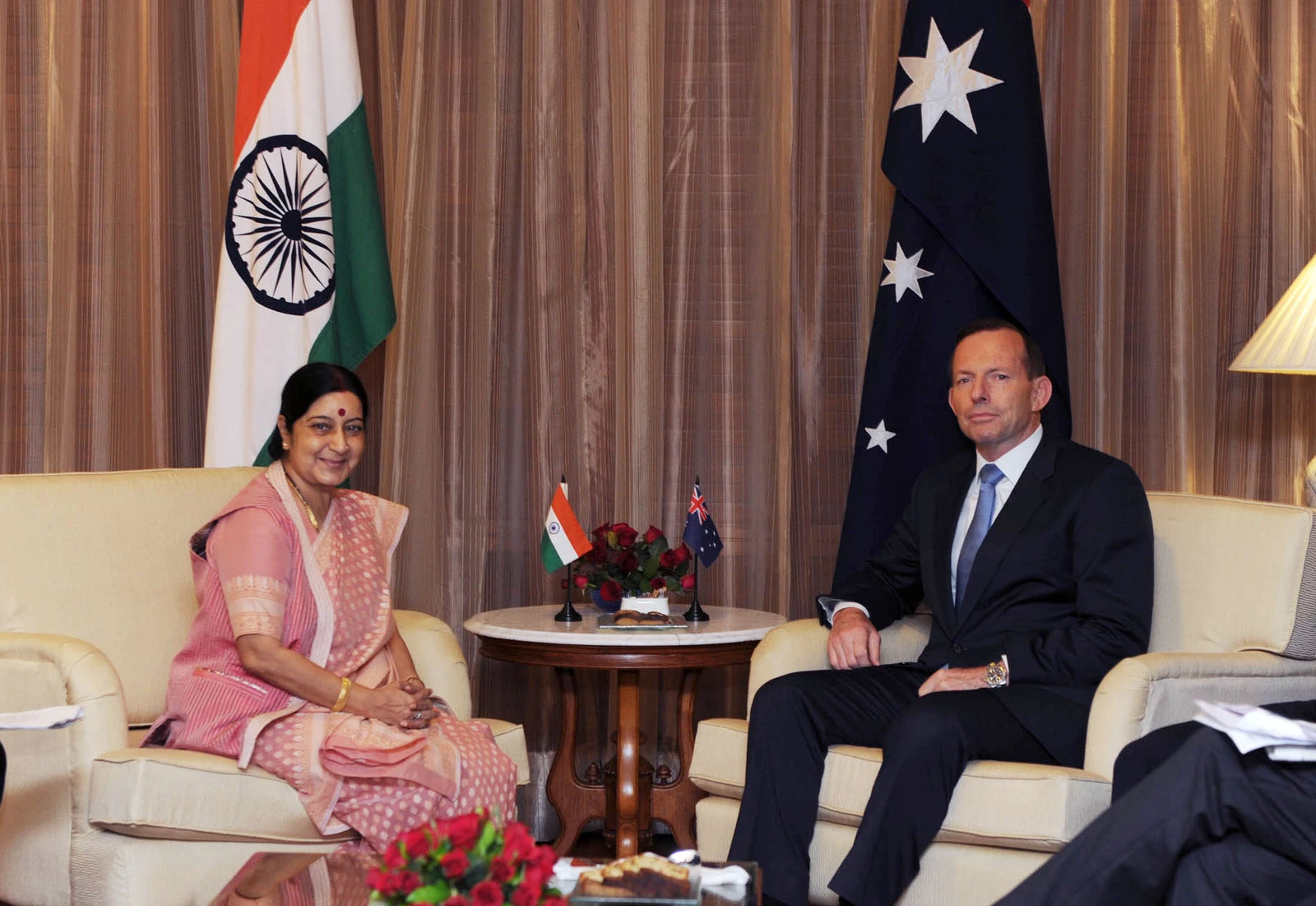 Sushma Swaraj, Union Minister for External Affairs, meets with Tony Abbott, Prime Minister of Australia.