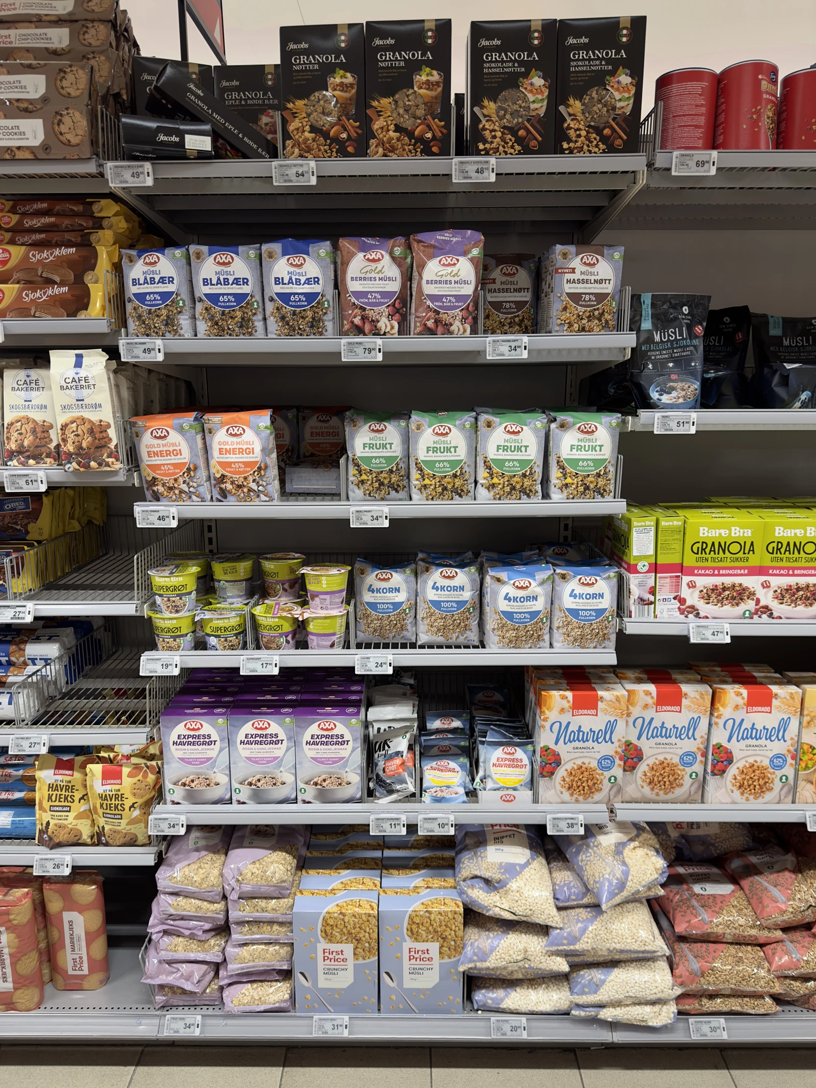 Supermarket aisle displaying shelves stocked with various brands of breakfast cereals and muesli.
