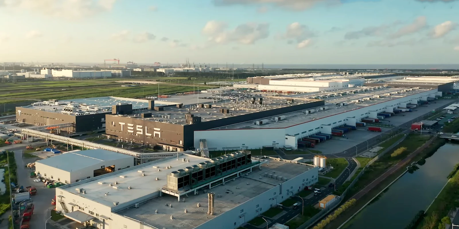 Aerial view of the sprawling Tesla Gigafactory manufacturing plant in Shanghai, China.