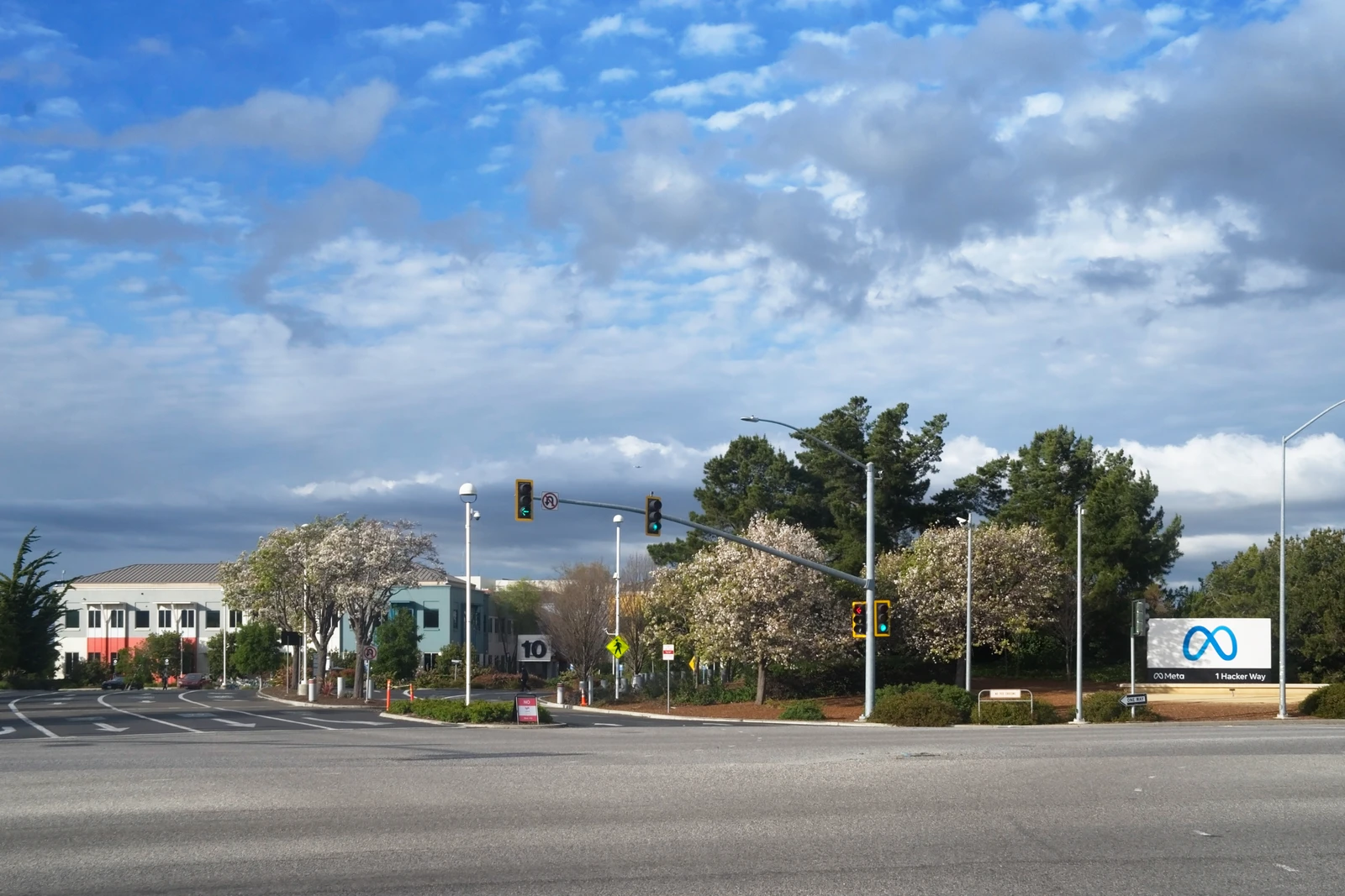 Meta Platforms headquarters sign at 1 Hacker Way, Menlo Park, California.